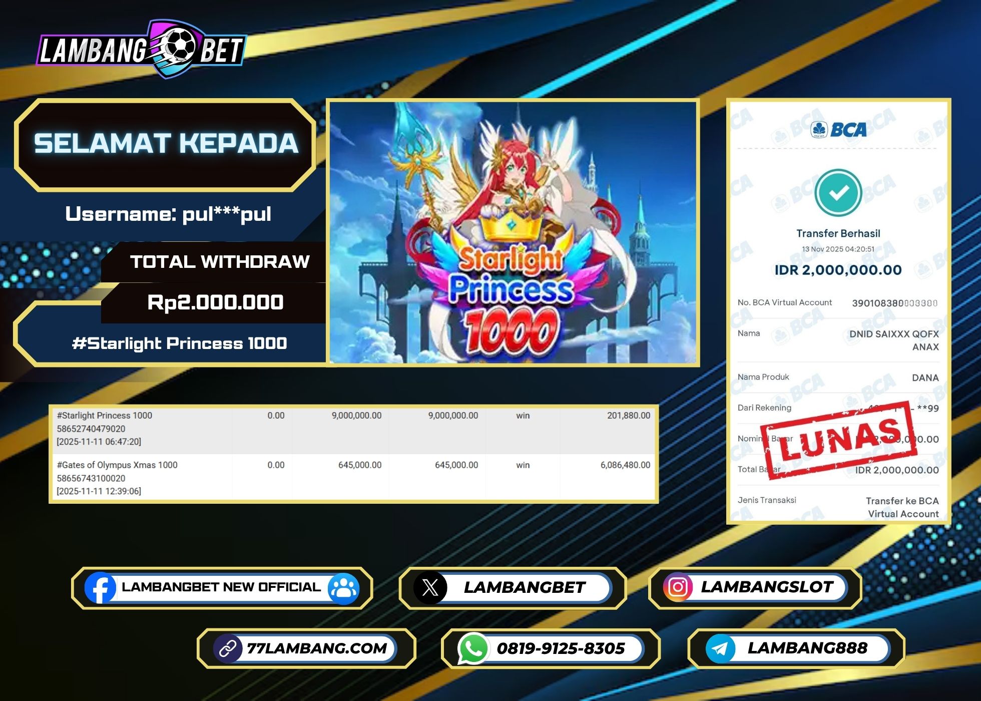 LAMBANGBET [14 NOVEMBER 2025] JACKPOT SLOT Starlight Princess 1000 "Rp2.000.000" LUNAS [2]
